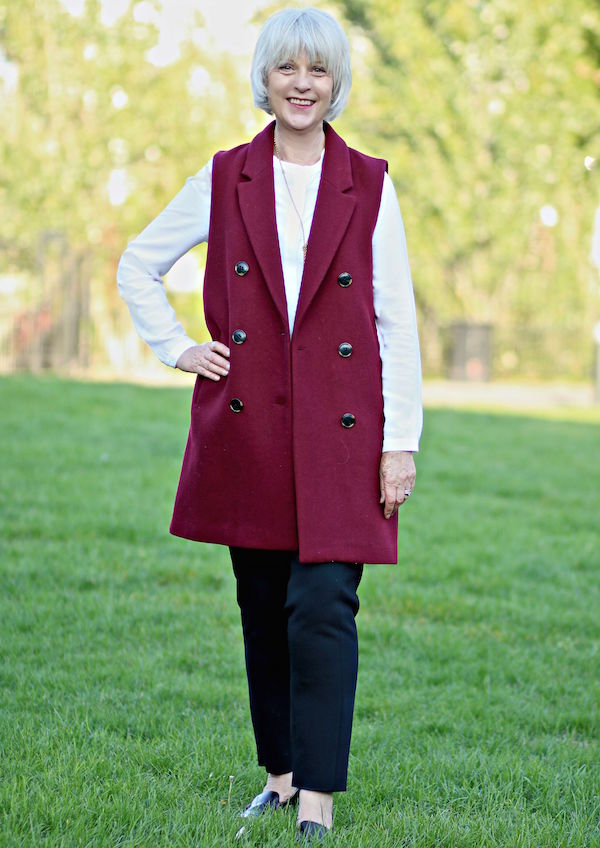 How to dress for early autumn. Claret Zara waistcoat