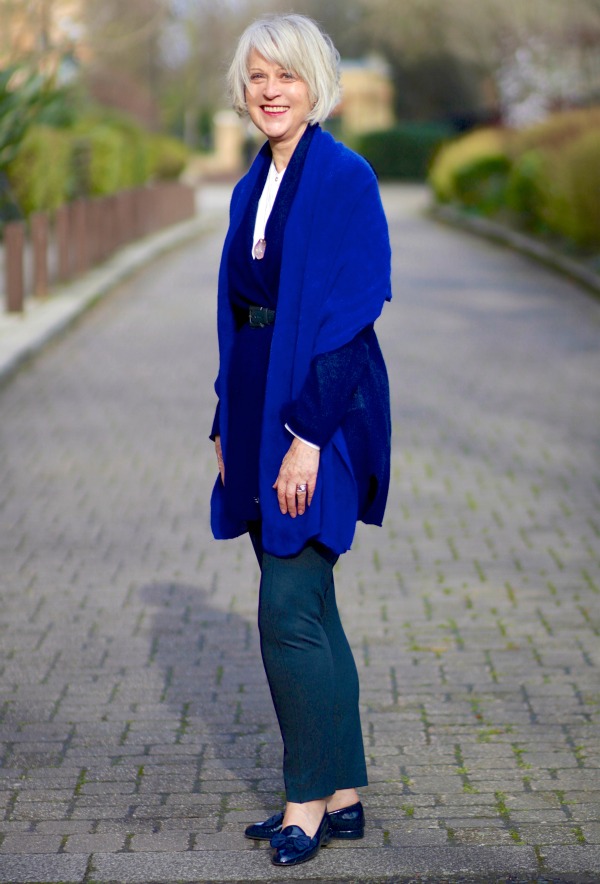 Navy trousers + shawl