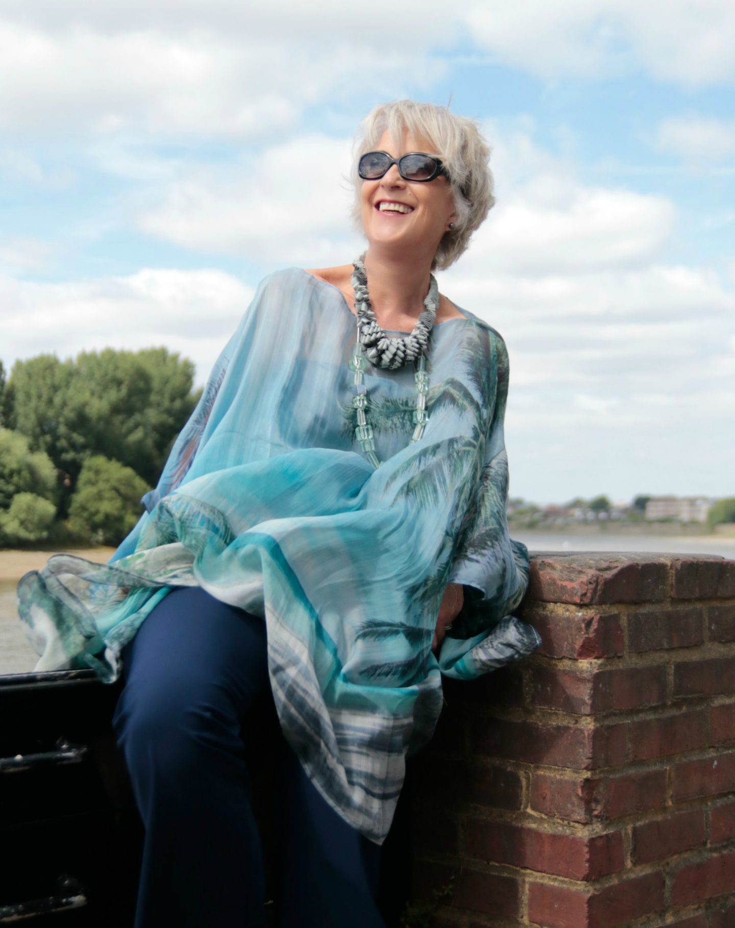 Silk chiffon top and versatile trousers