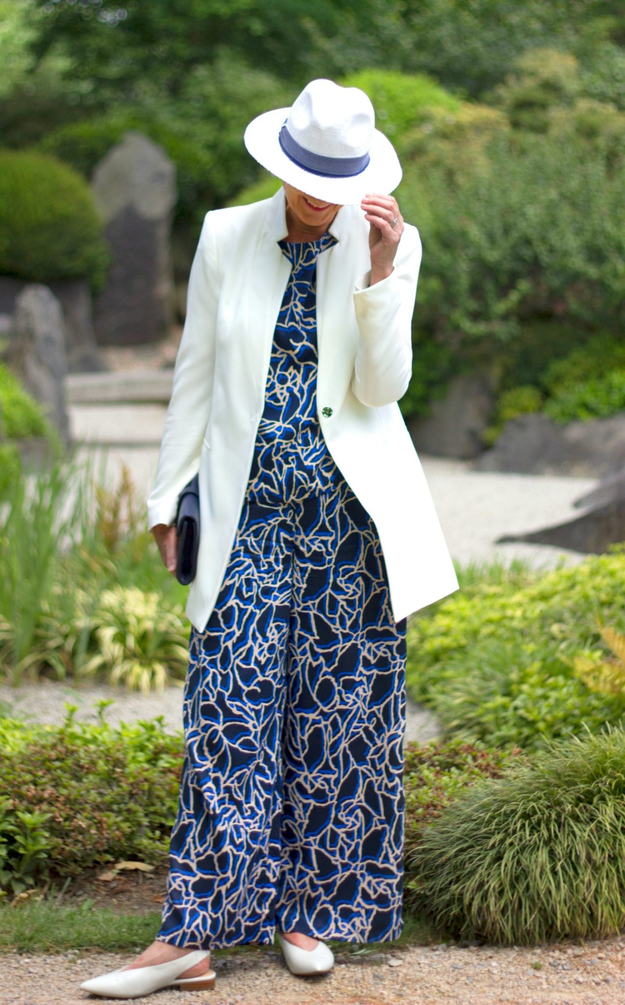 Blue print trousers & top cream jacket
