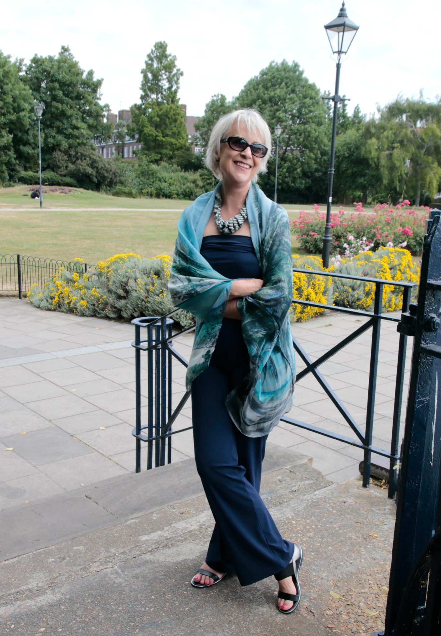 Navy jumpsuit with print silk chiffon top