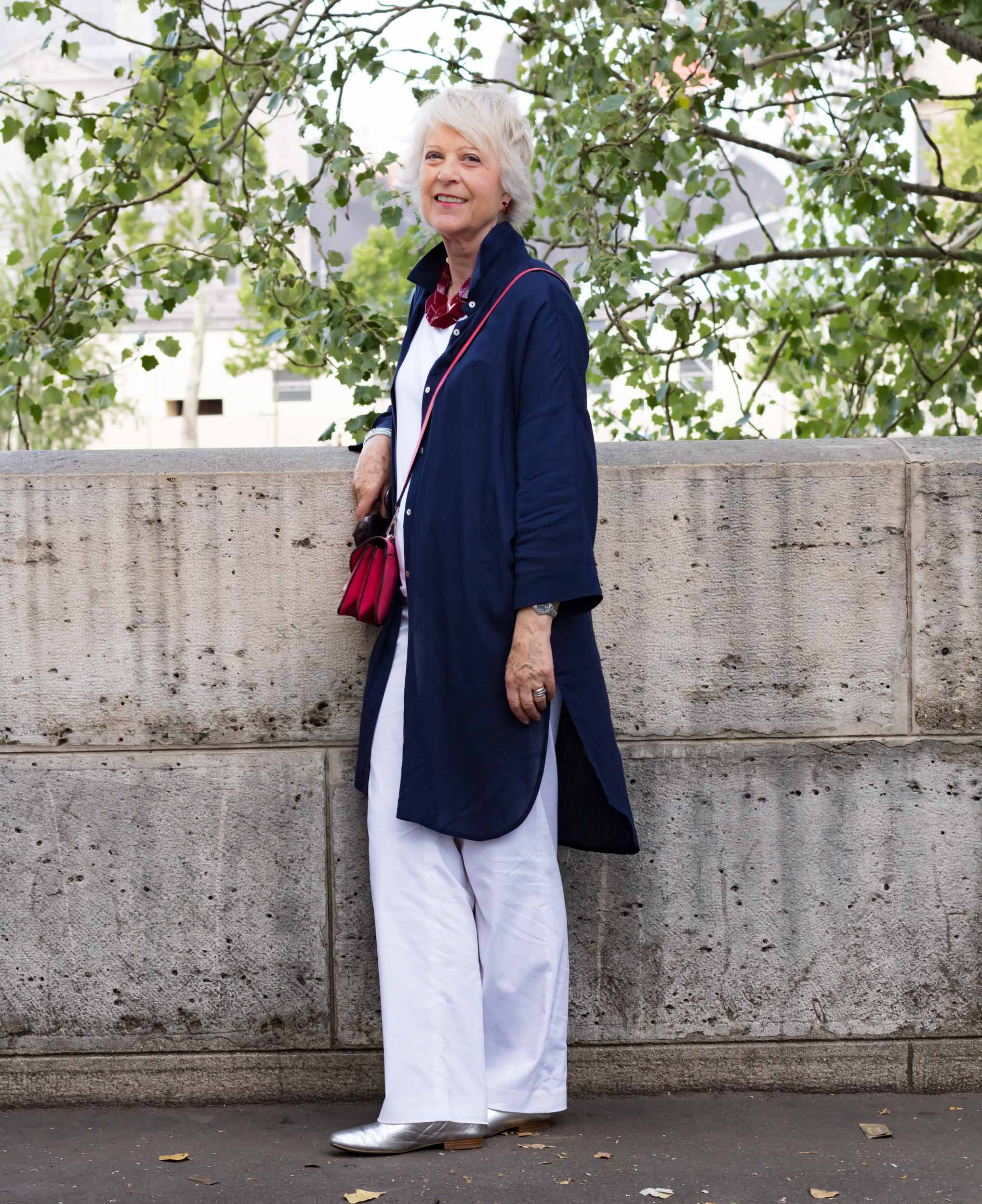 White trousers and tee shirt with navy shirtdress