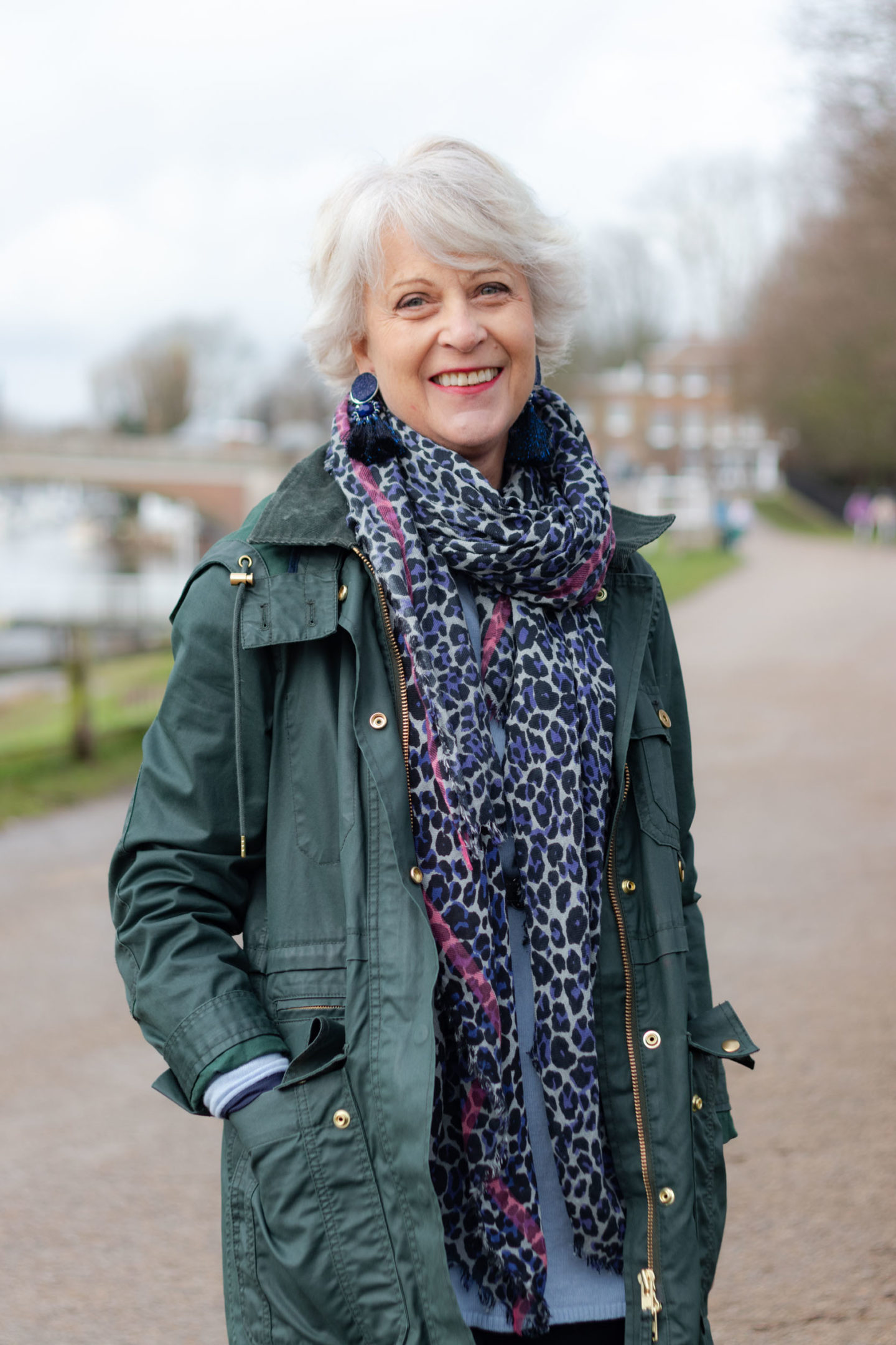 Green parka + leopard print scarf