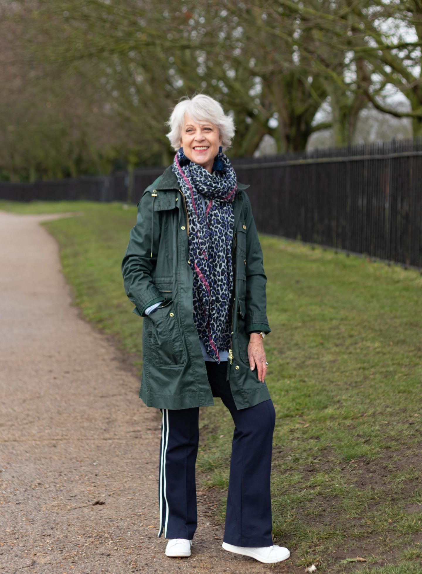 Green parka navy stripe trousers