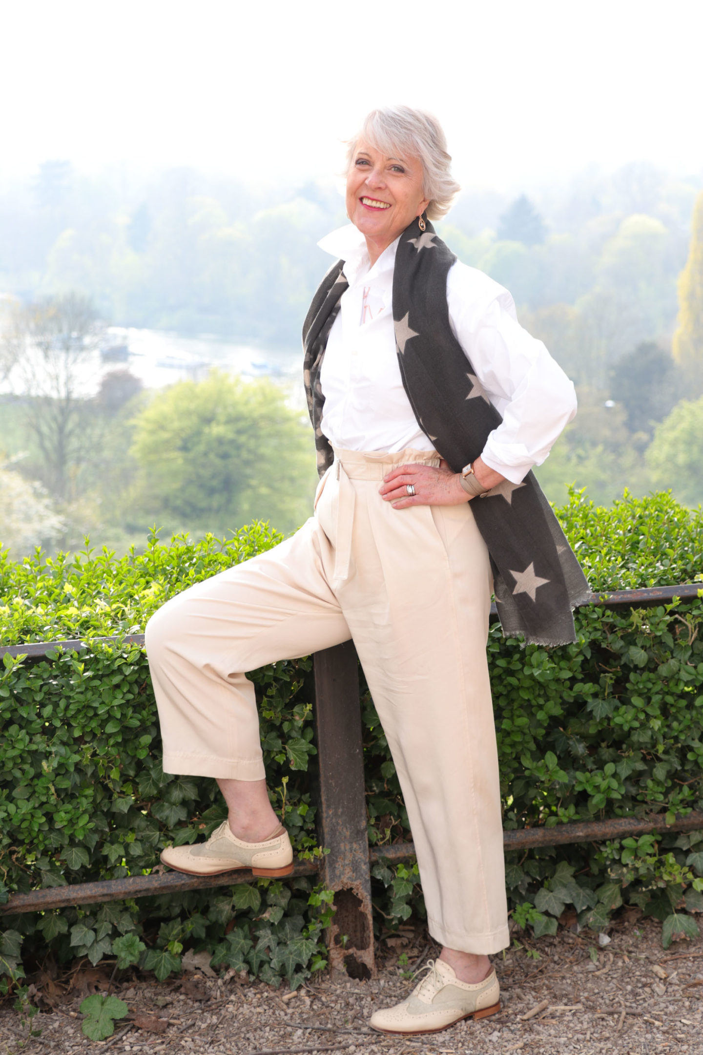 Beighe trousers & white shirt