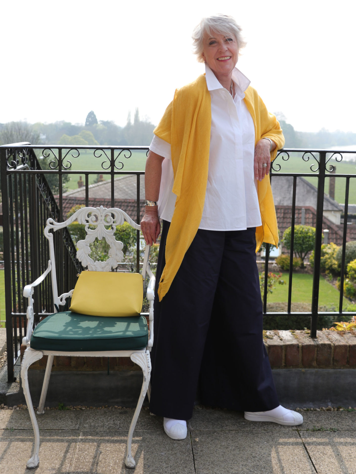 White shirt, wide trousers wool scarf