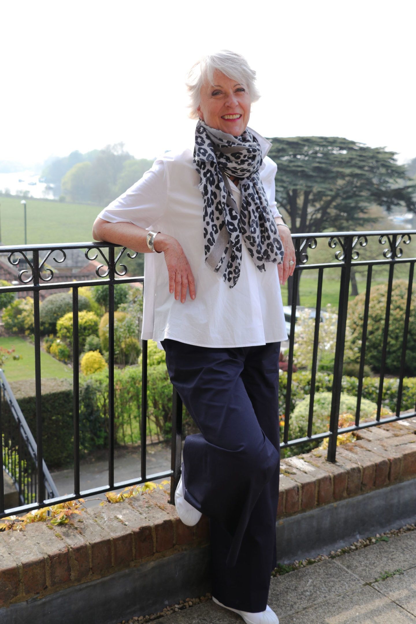 White shirt, wide trousers & leopard scarf