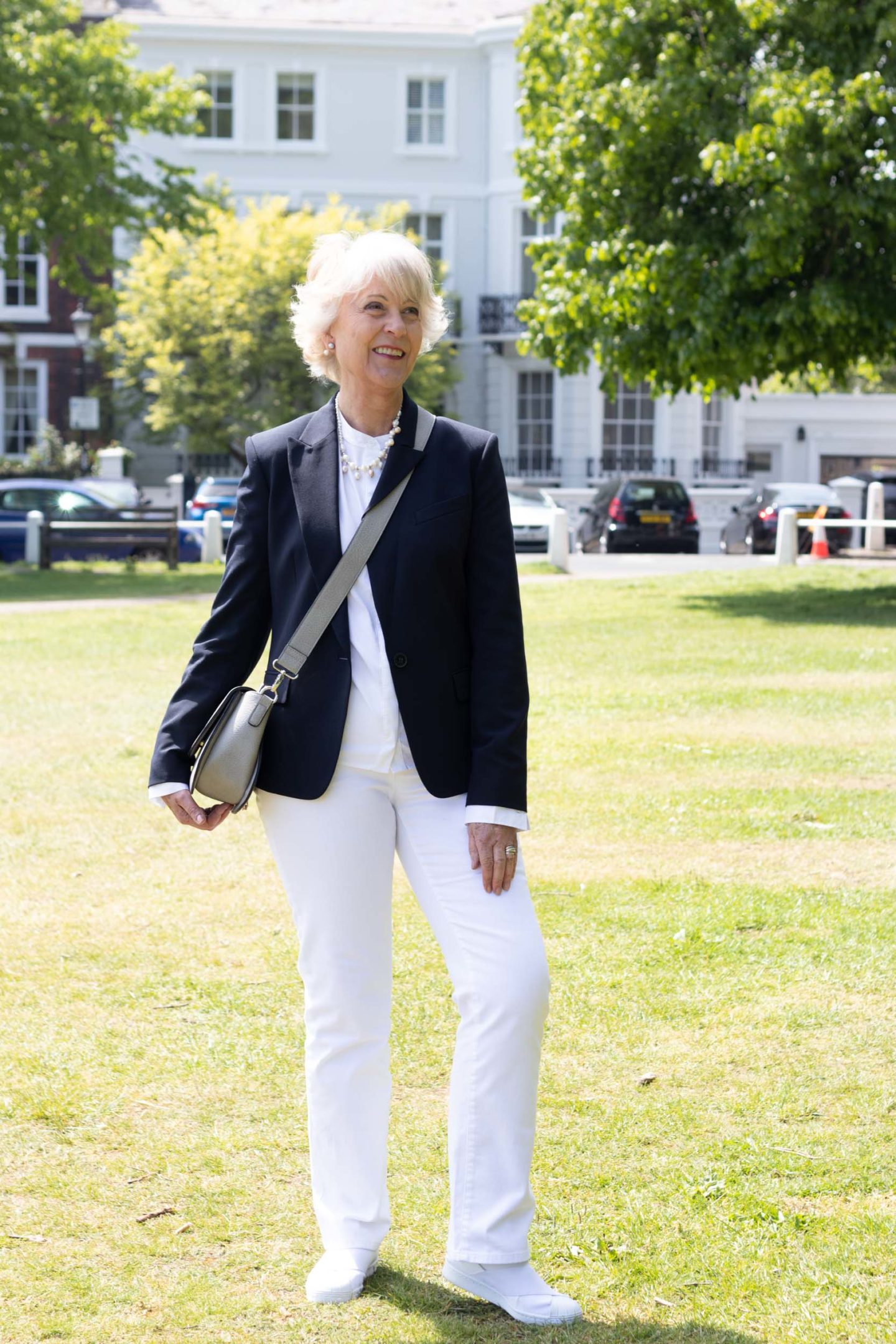 Navy blazer and white jeans