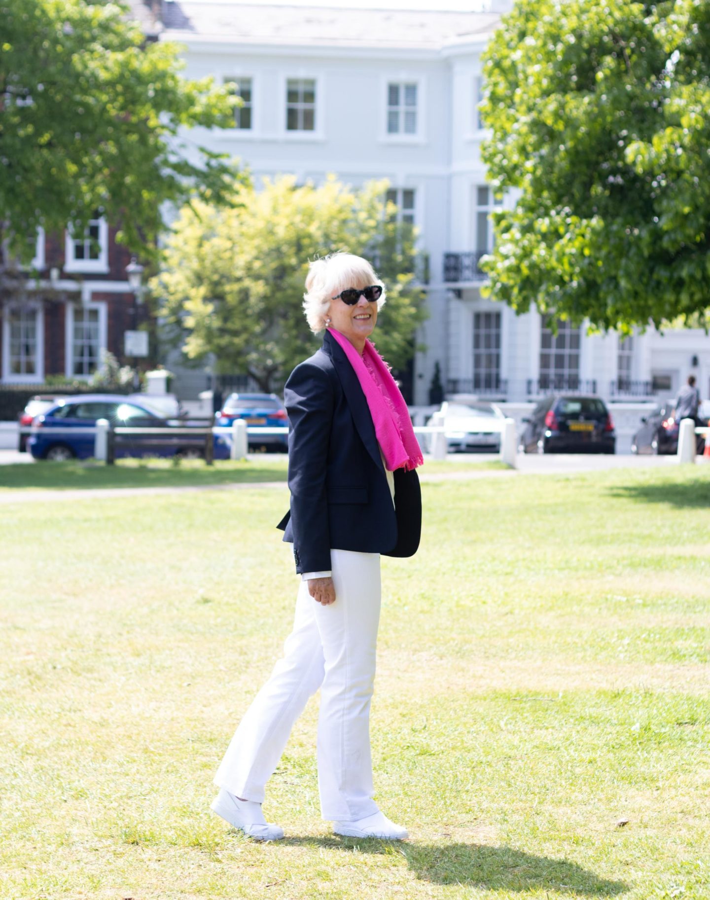 Navy blazer and white jeans