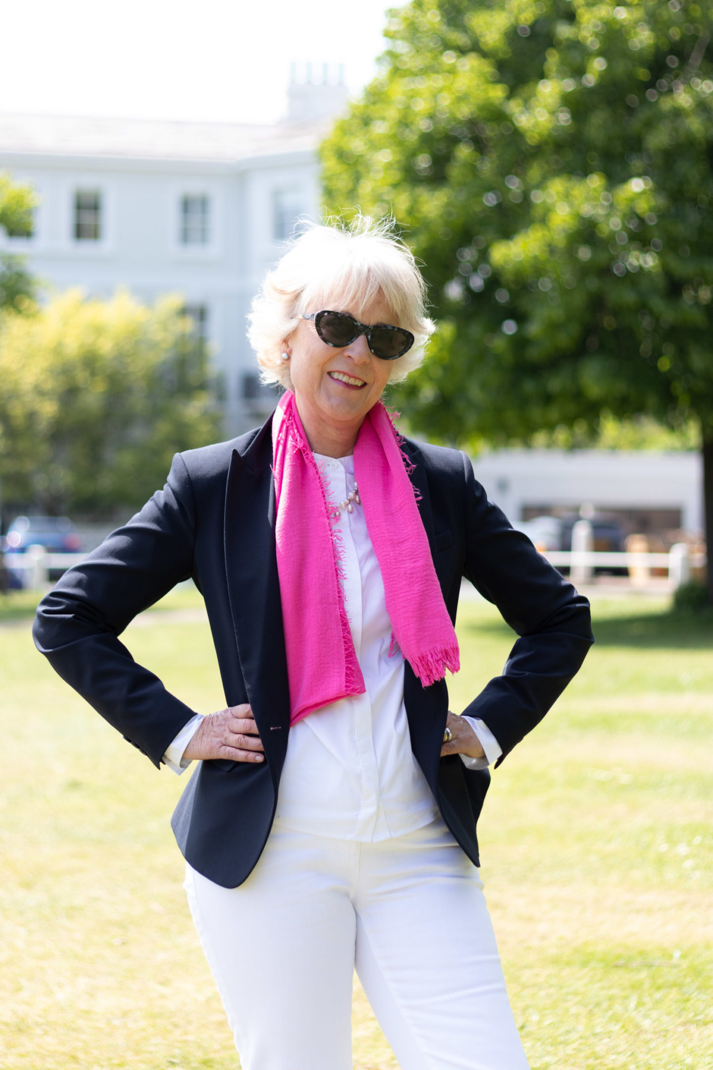 Navy blazer and white jeans