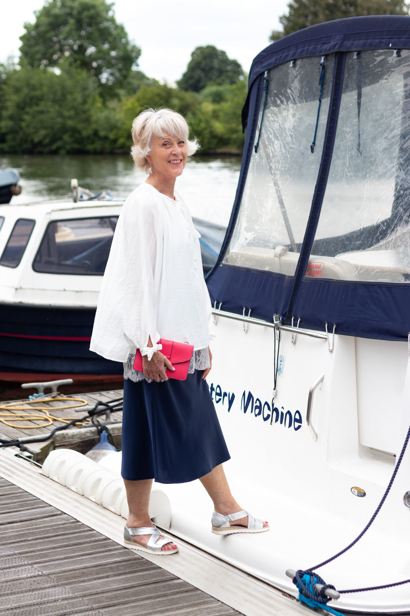 Navy skirt and cream top