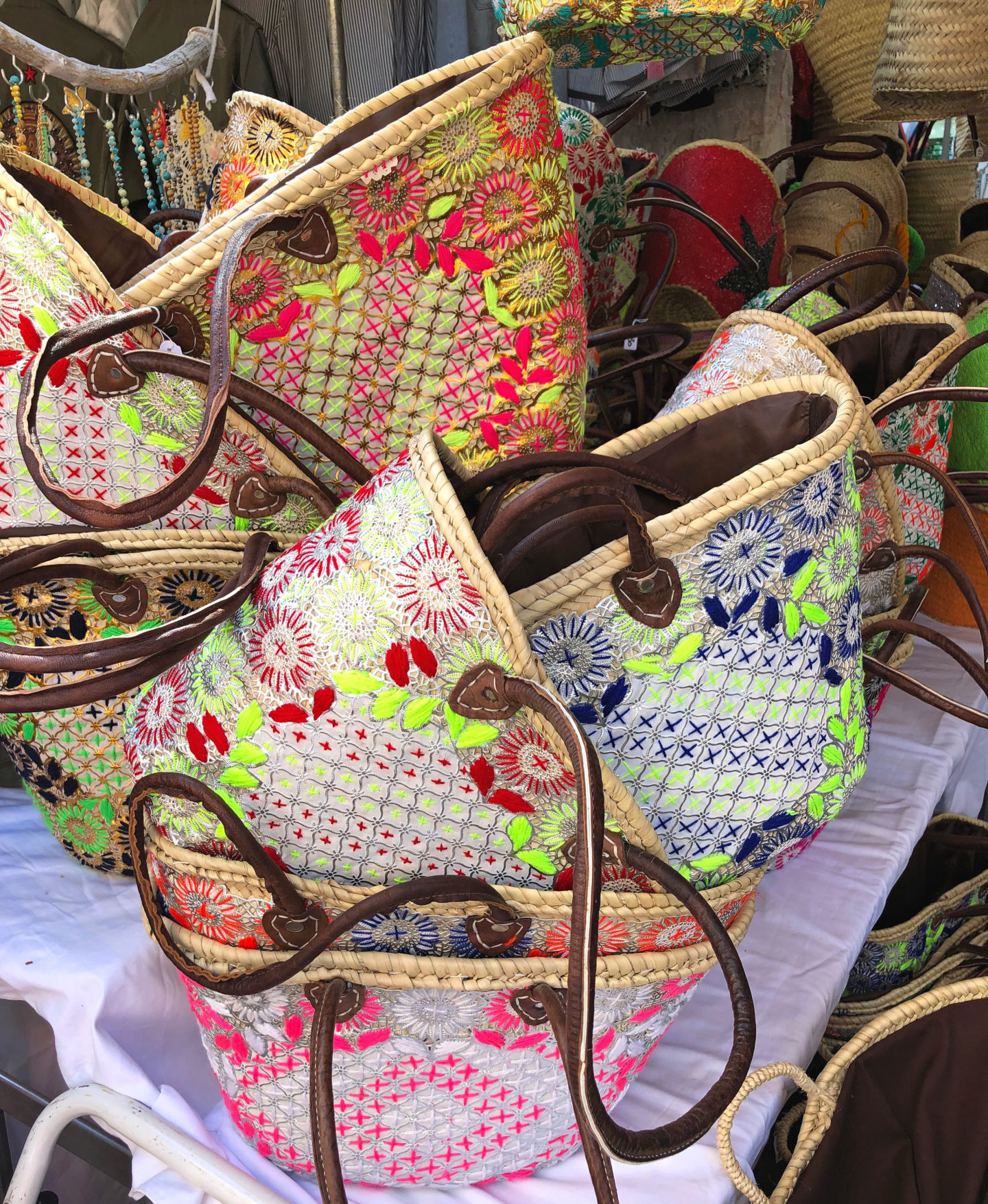 Embroidered wicker baskets