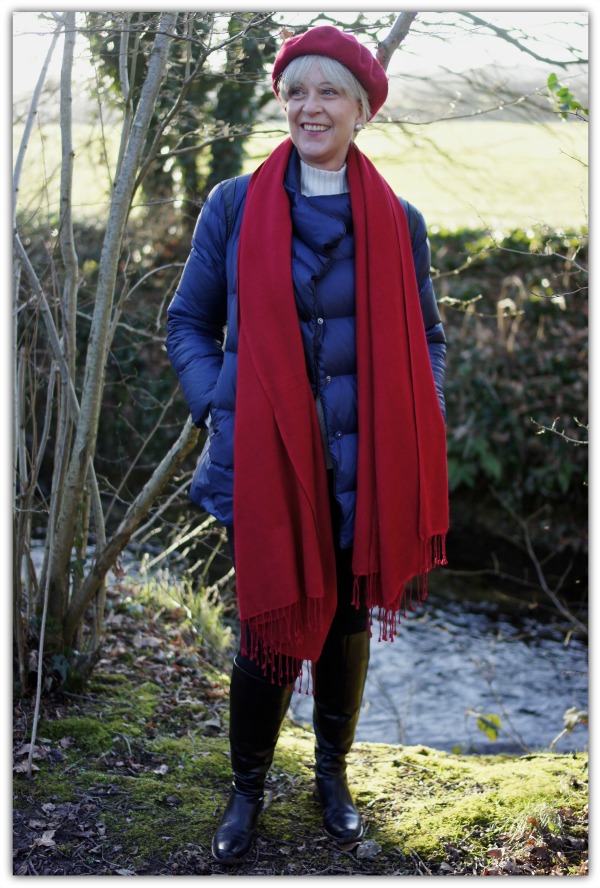 Puffer jacket beret and scarf
