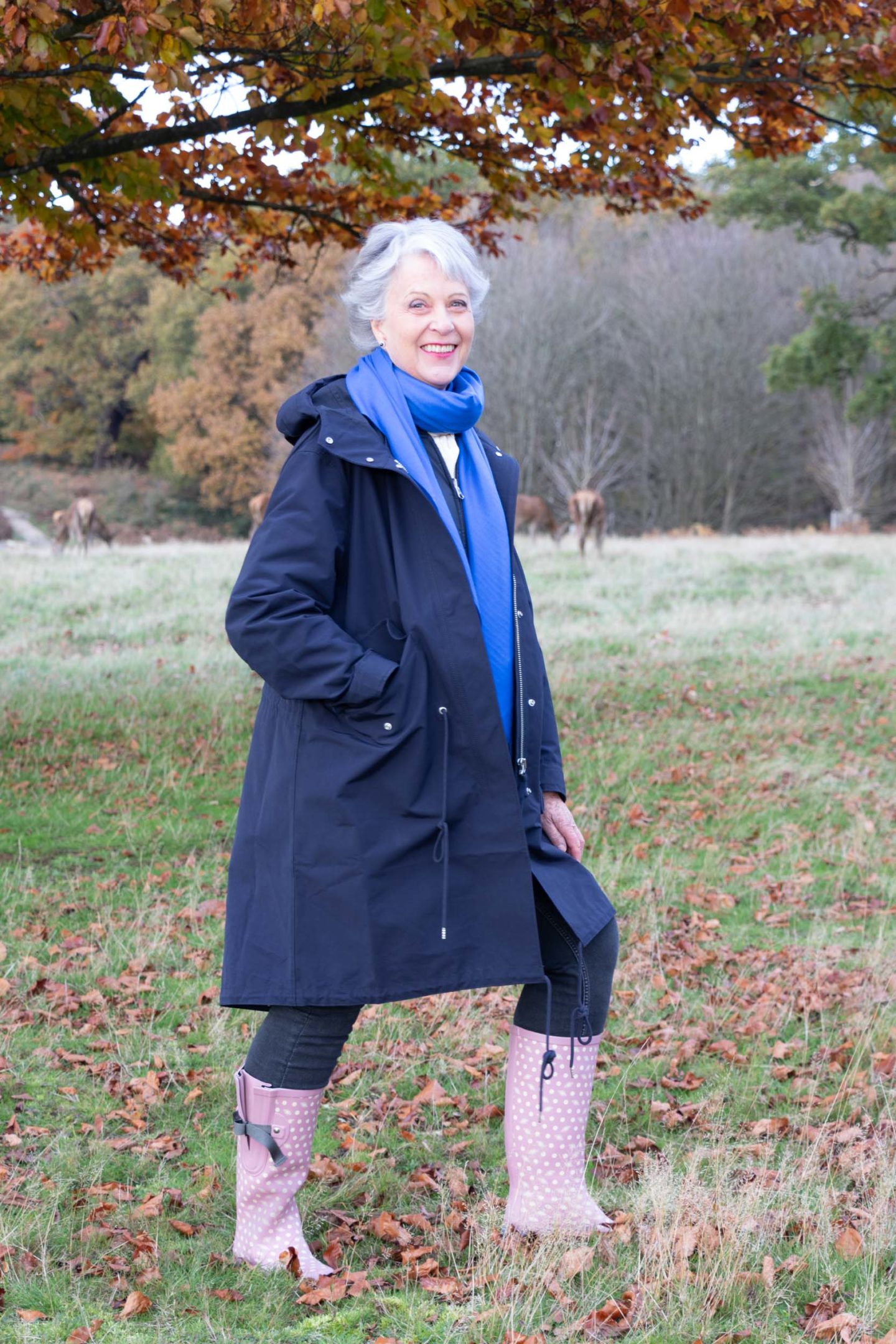 Cashmere scarf and blue parka. Wellingtons