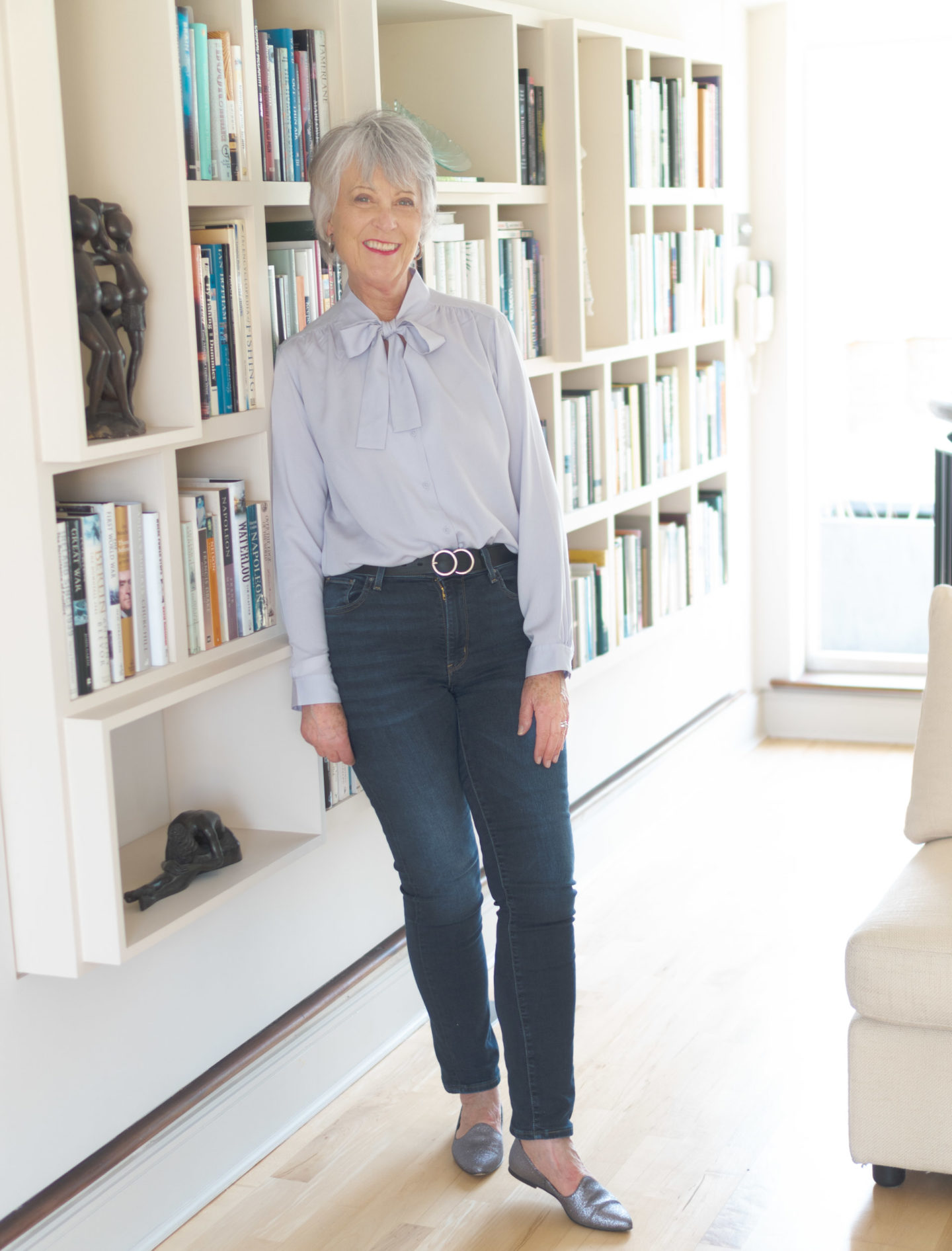 Lilac tie neck blouse and jeans