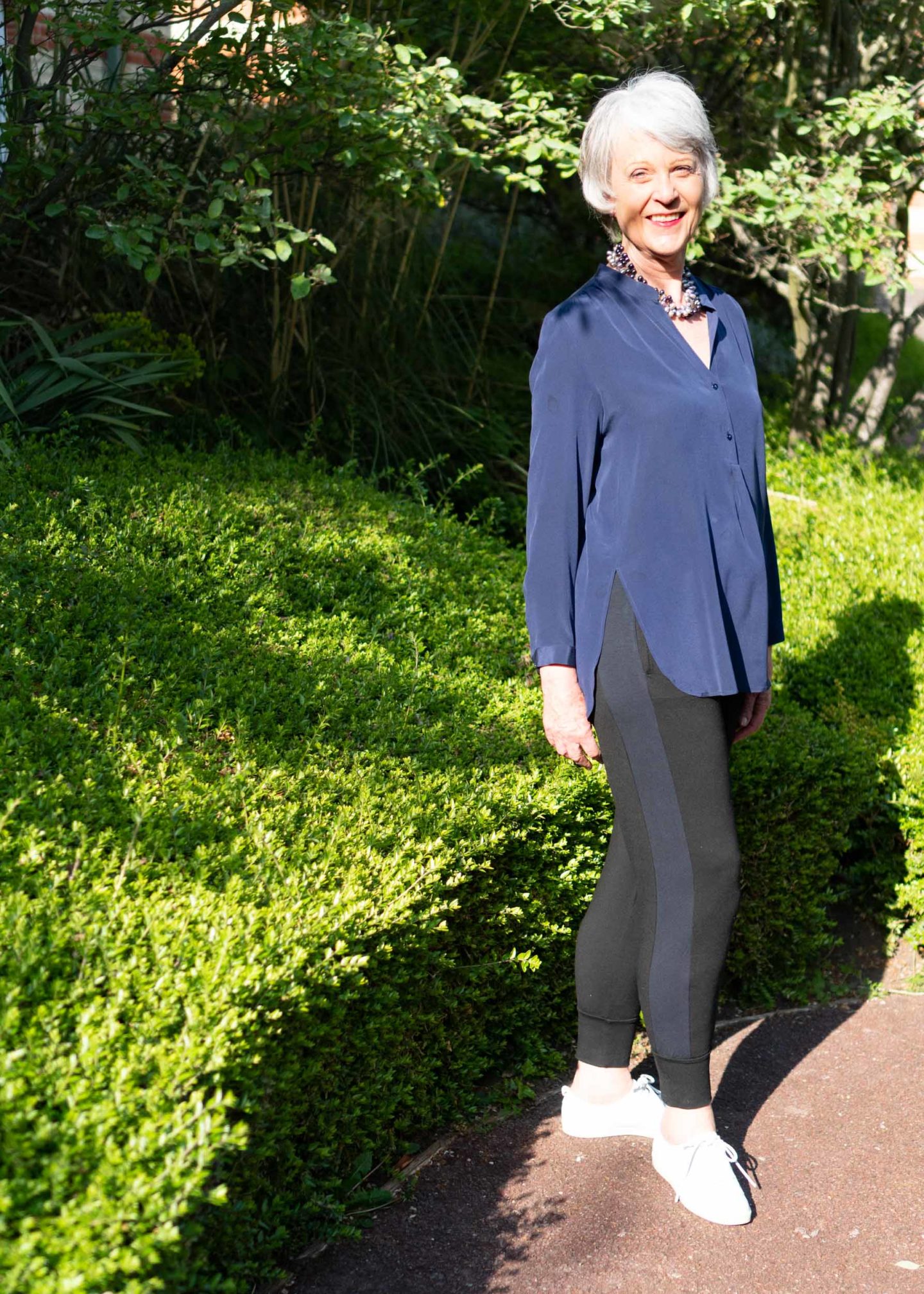 Side stripe joggers and blue silk shirt