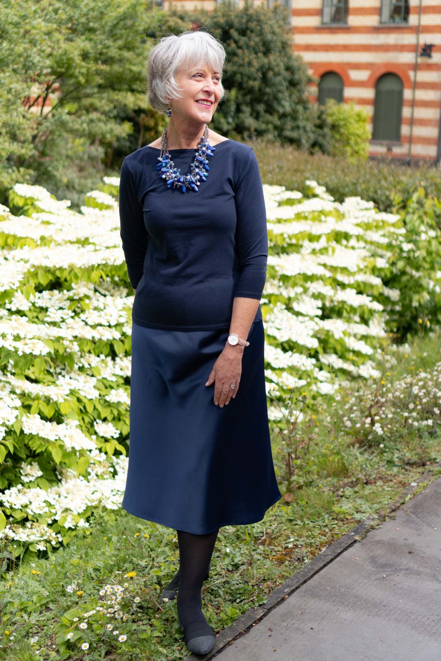 Navy midi skirt and tee