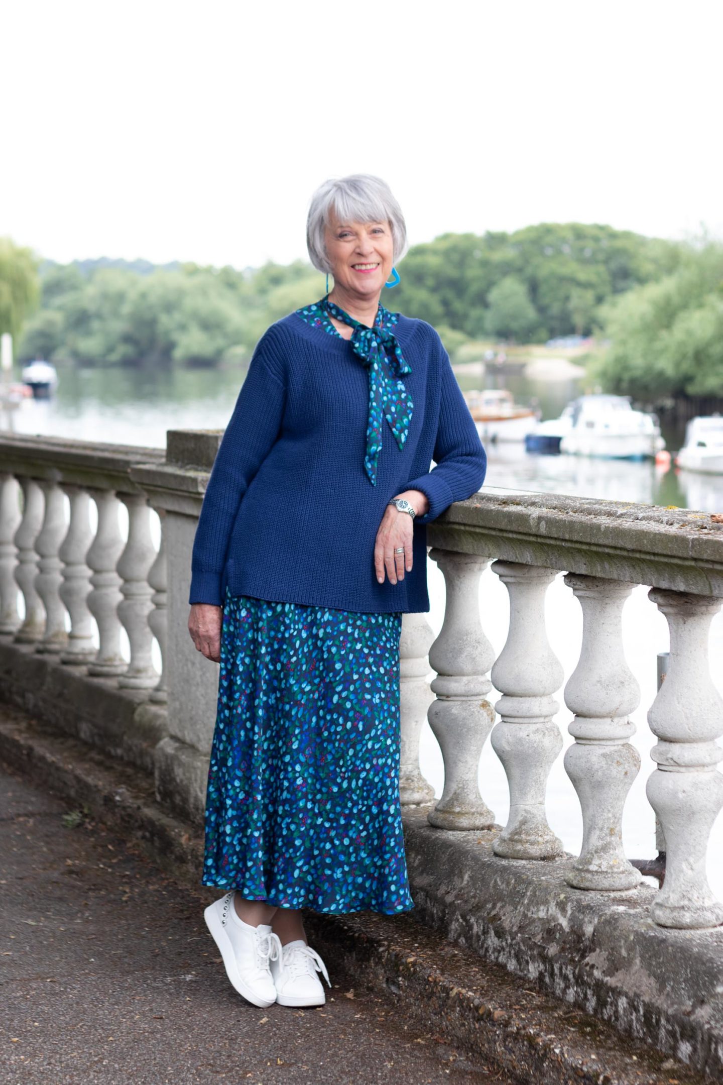 Blue print skirt, print top and navy sweater