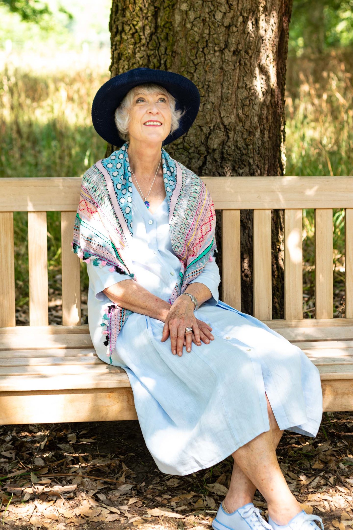 Blue linen dress, scarf and sun hat