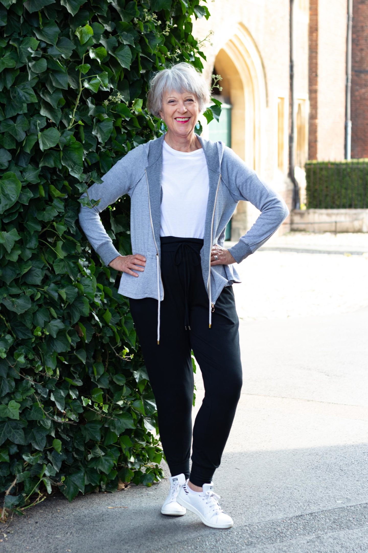 Black joggers, white tee and grey hooded jacket