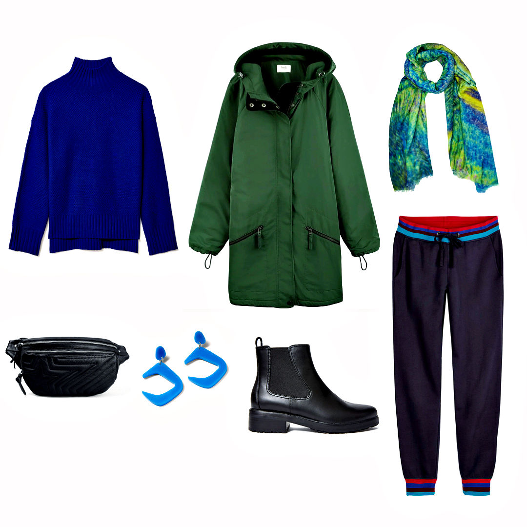 Green parka, joggers, sweater and boots.
