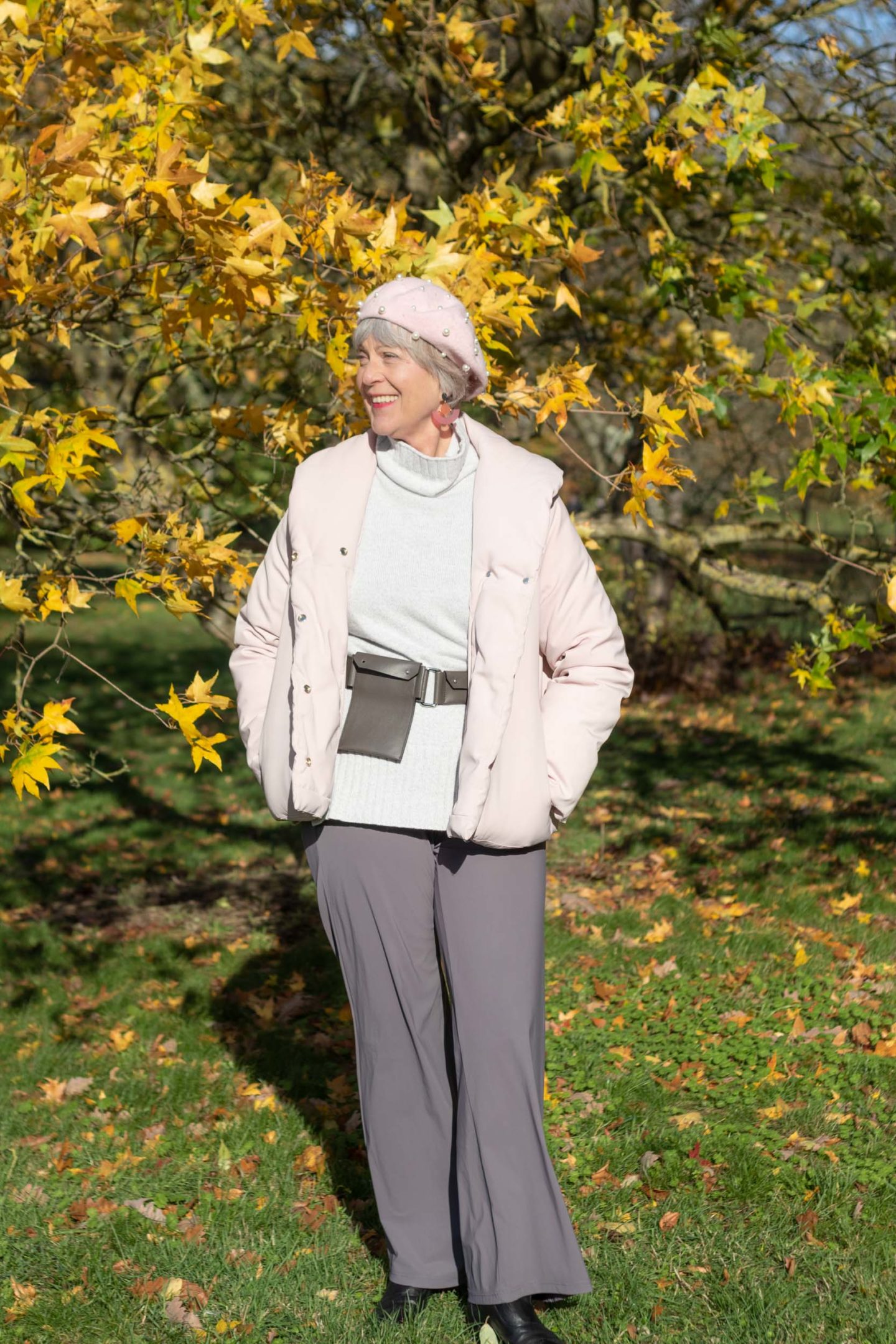 pink pearl beret, pink puffer jacket
