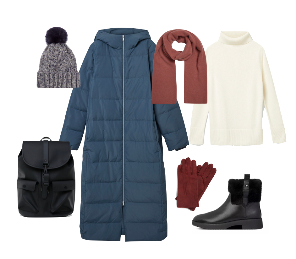 Navy puffer coat, boots, hats and scarves