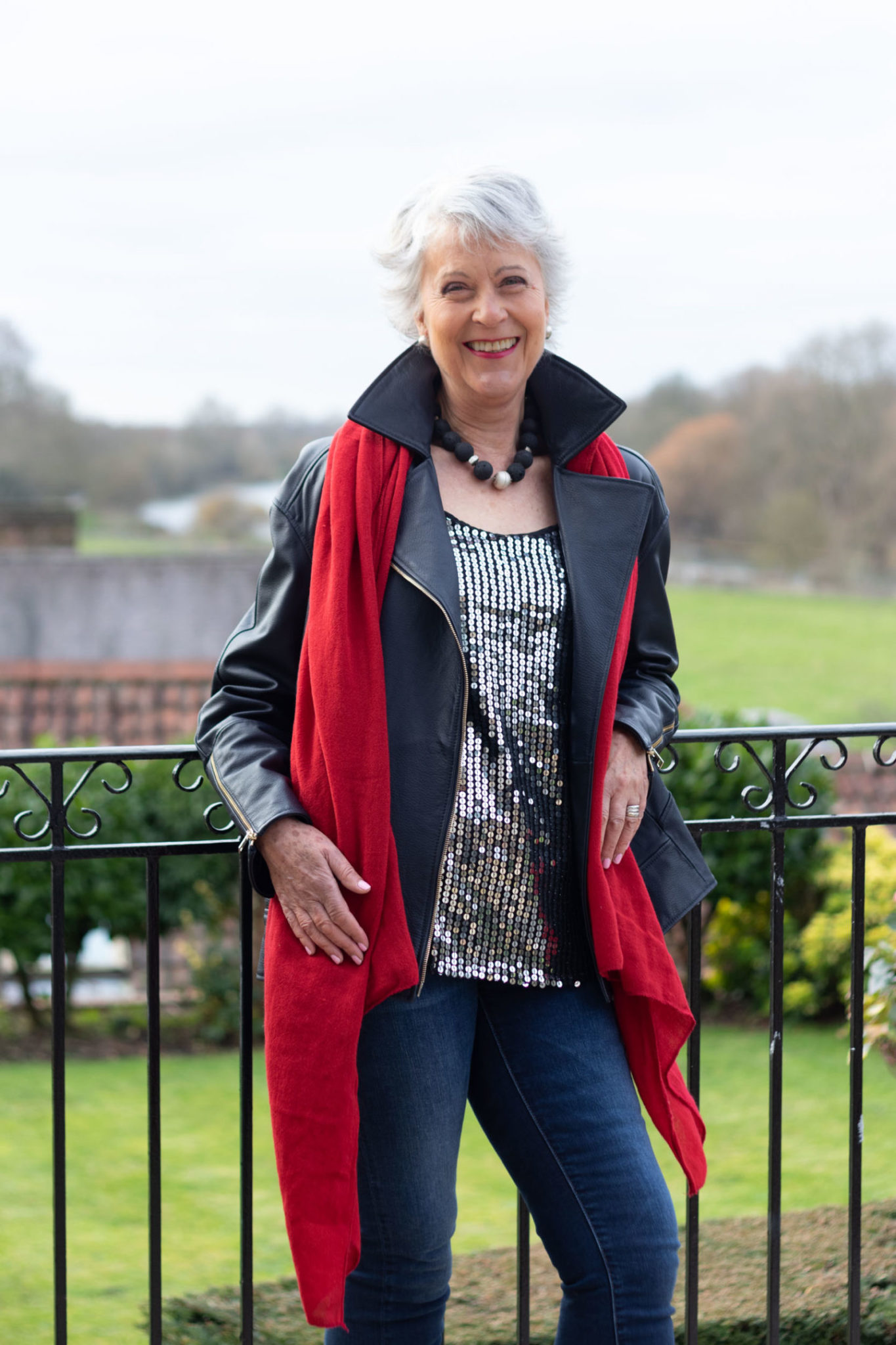Leather jacket and sequin top