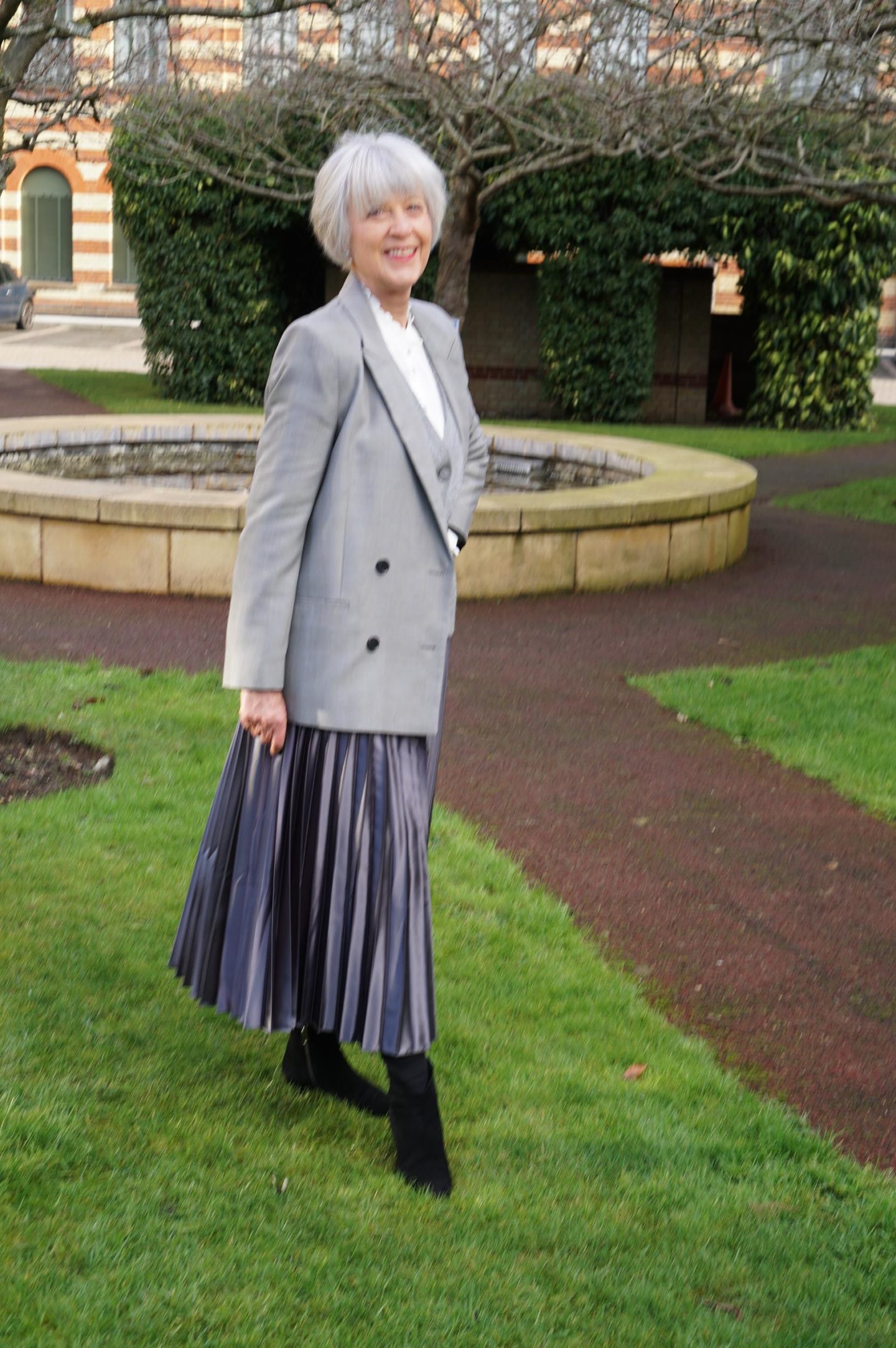 Grey pleated maxi skirt and double breasted jacket