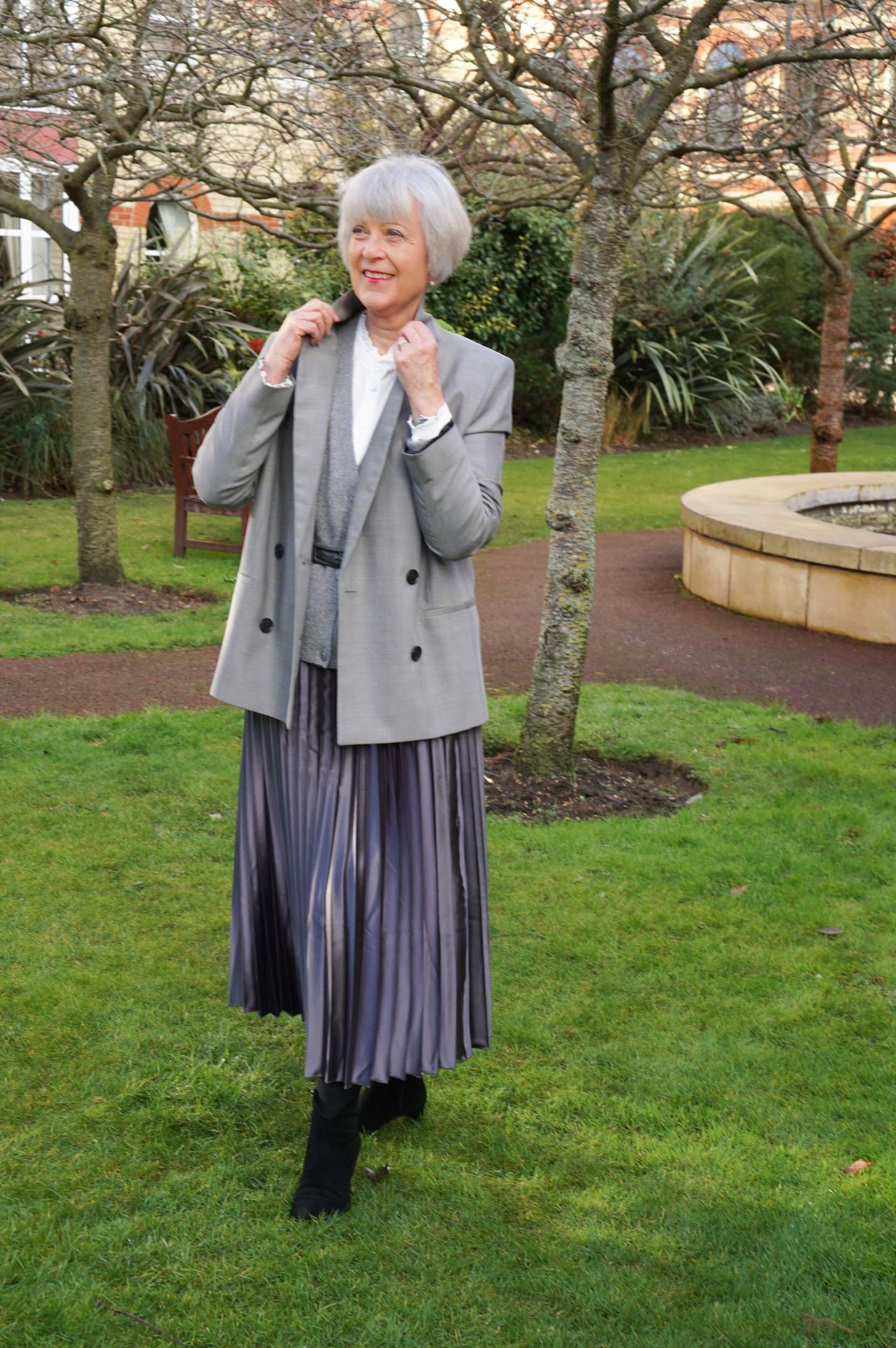 Grey pleated skirt and double breasted jacket