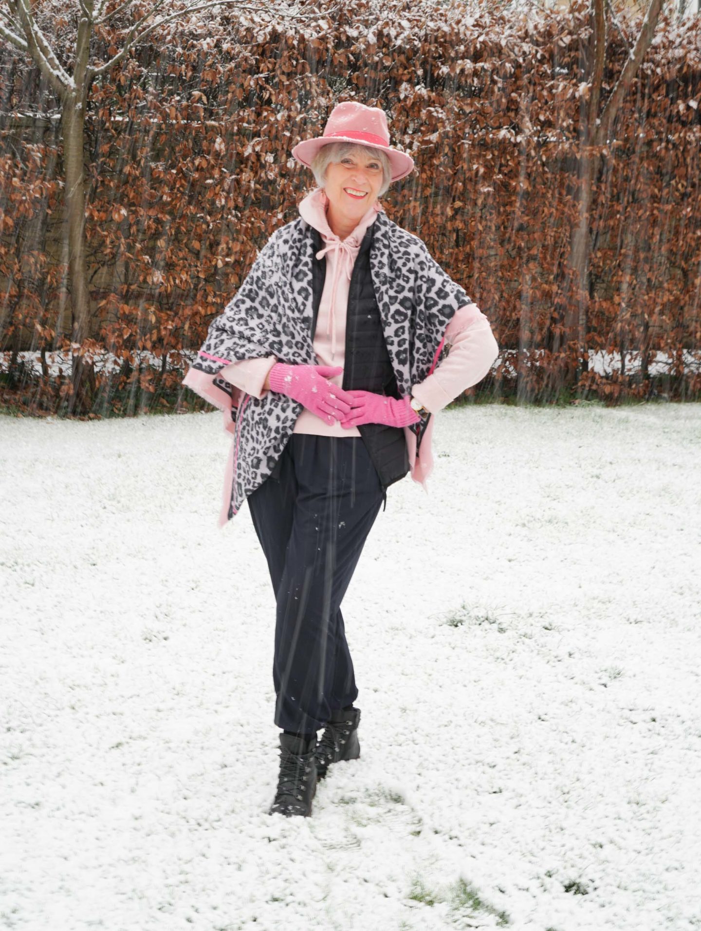 Leopard print shawl, pink hoodie and joggers