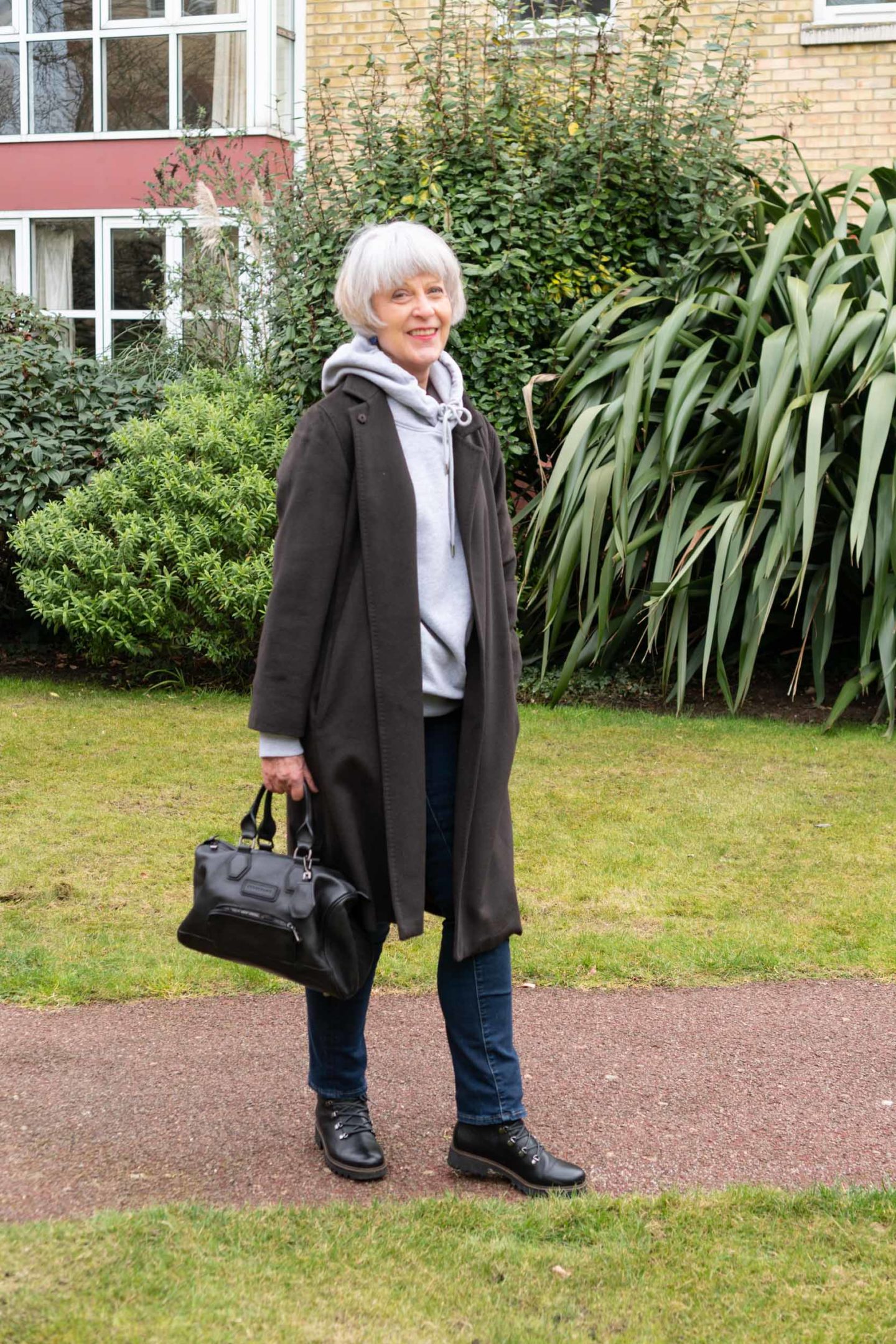 Classic Max Mara coat and grey hoodie