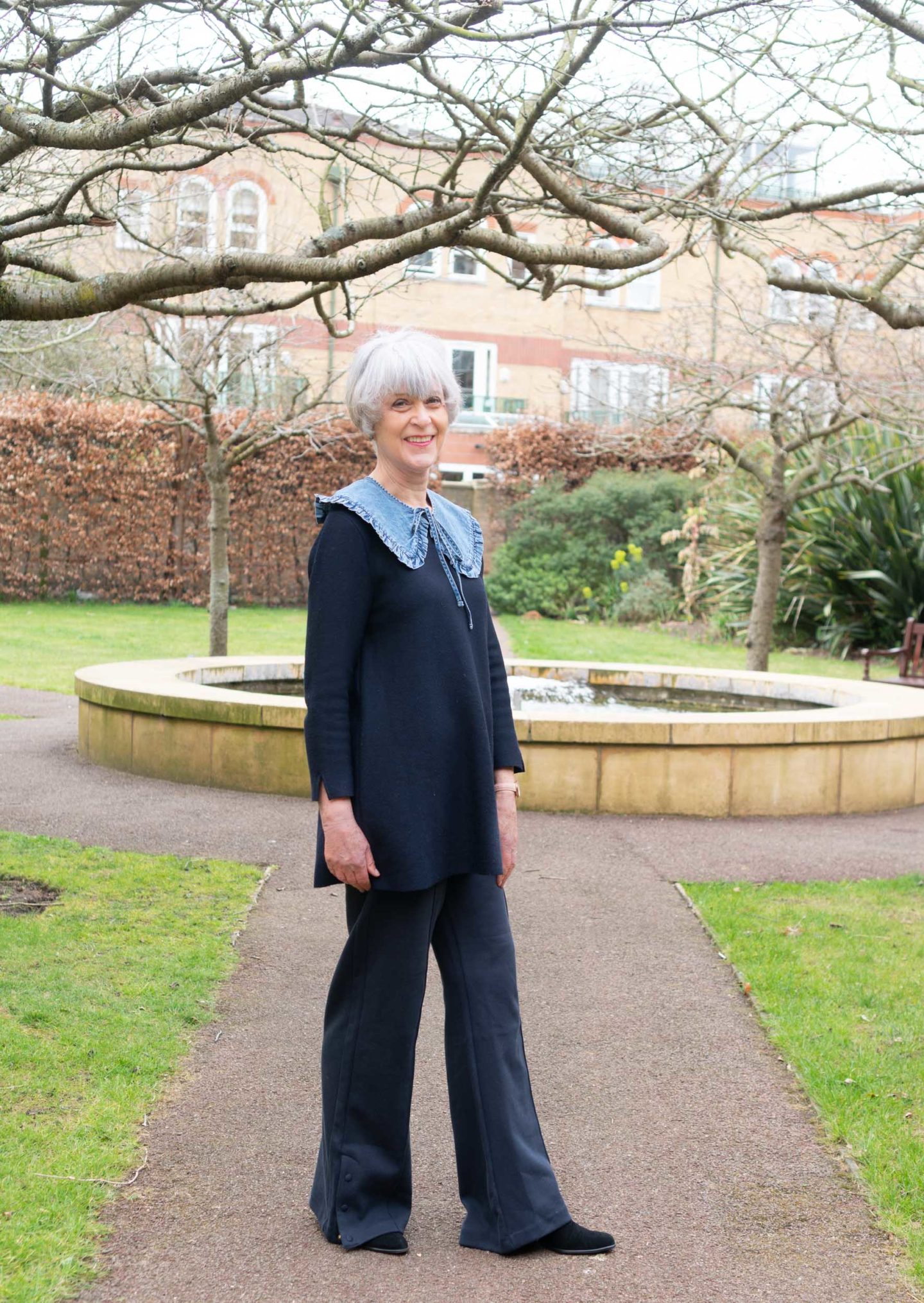 Navy sweater, trousers and denim lace collar