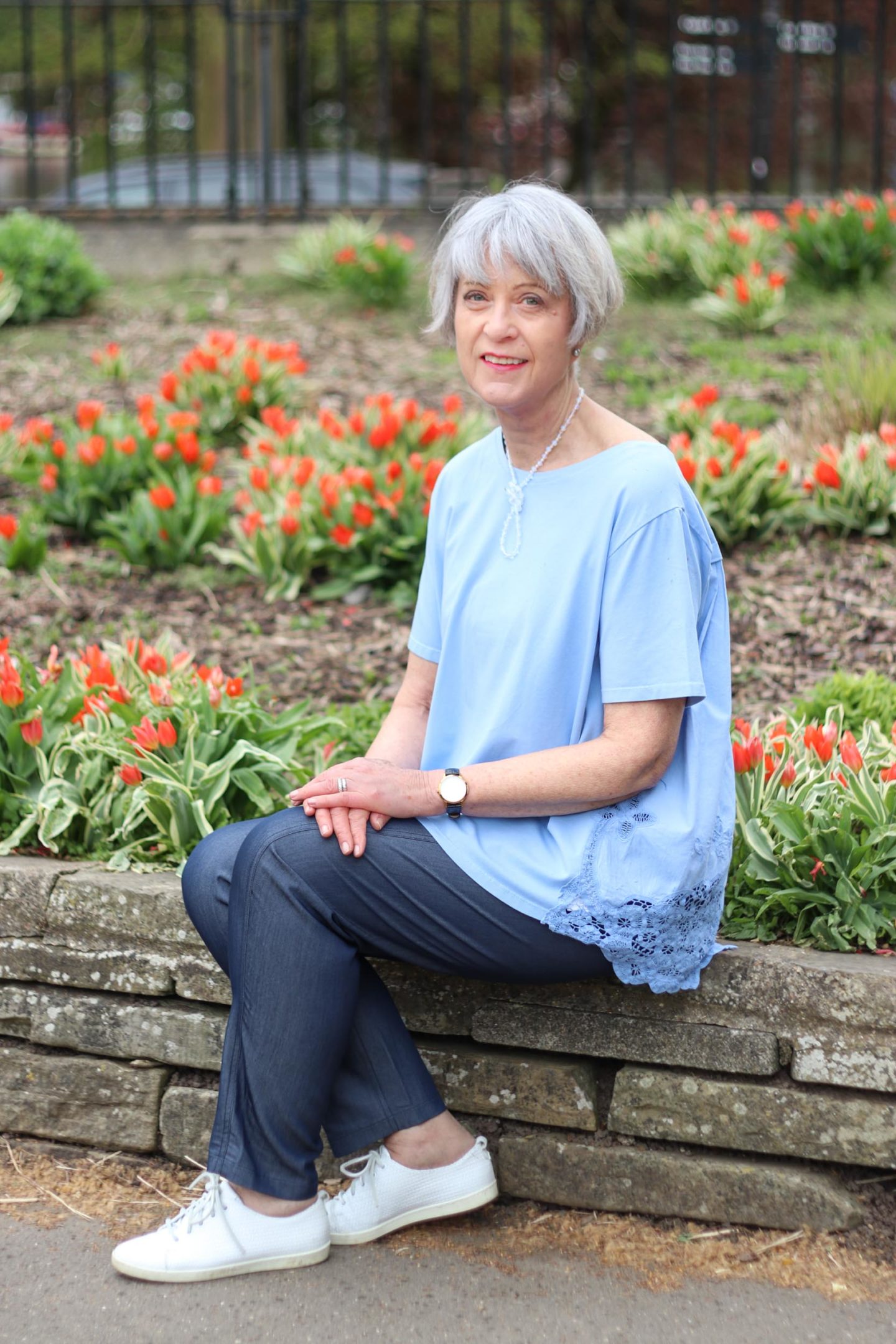 Pale blue embroidered cotton top