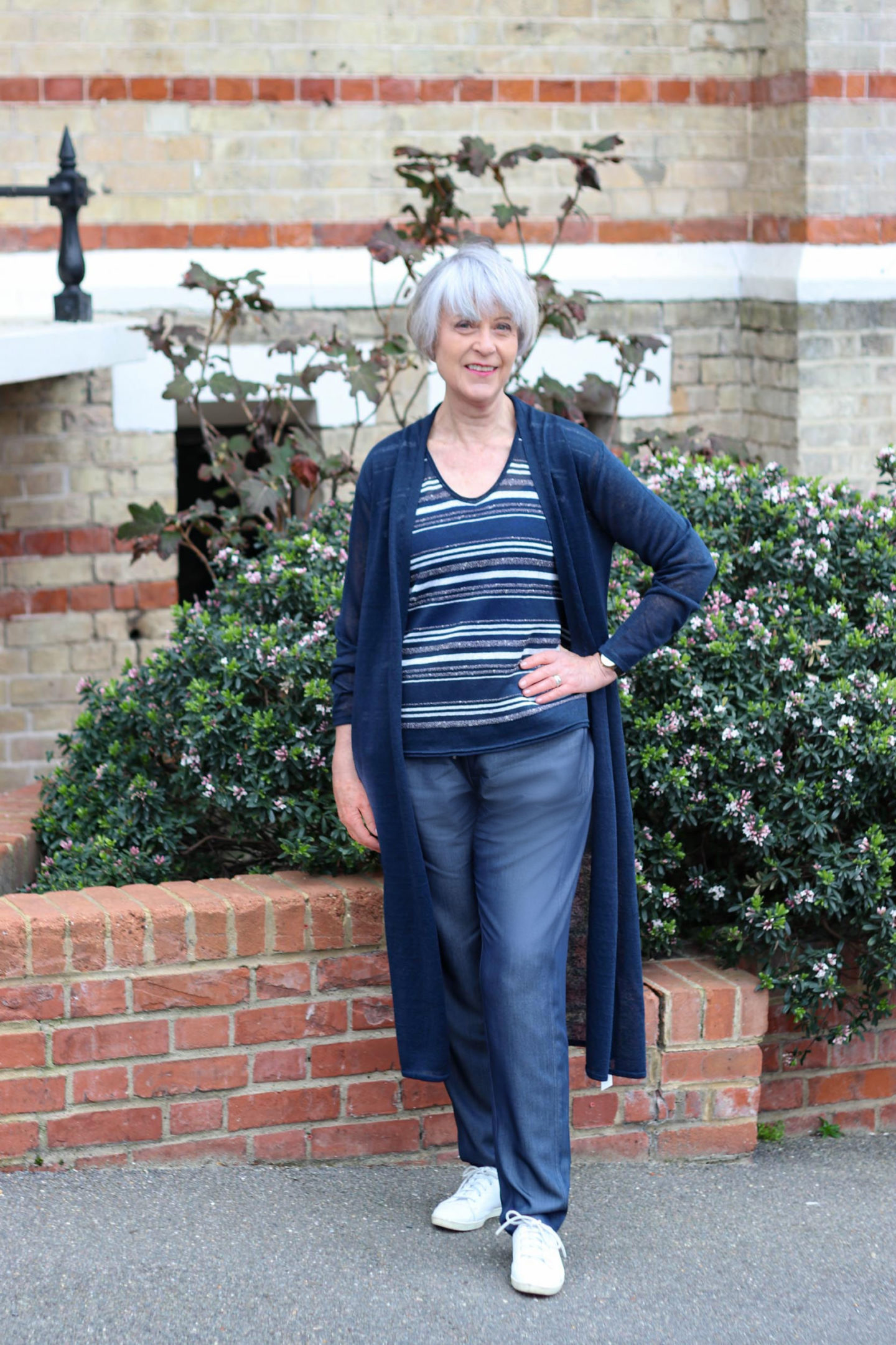 HopeFashion comfort denim trousers, lurex stripe top and linen cardigan