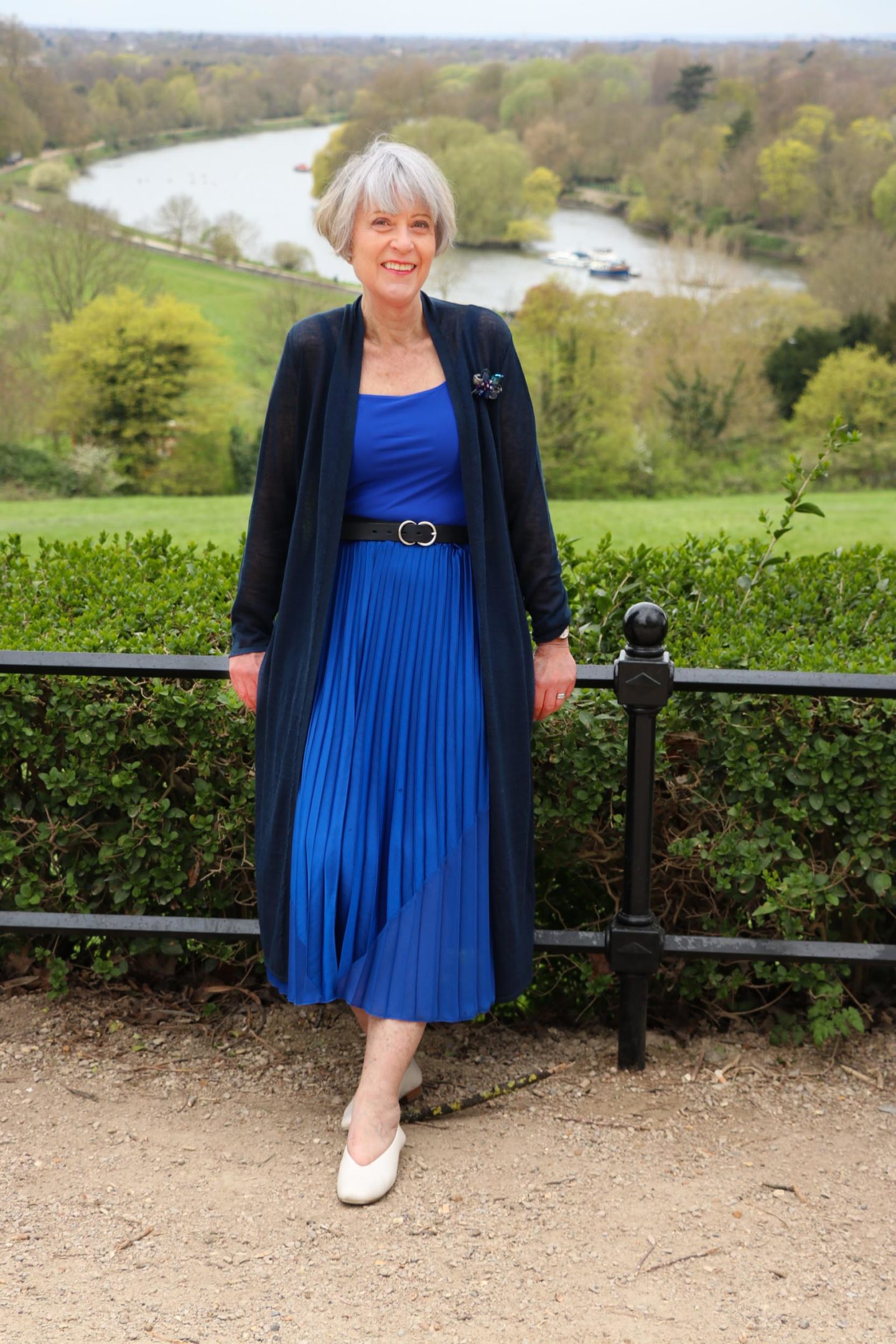 HopeFashion navy linen coat with cobalt blue pleated skirt and body