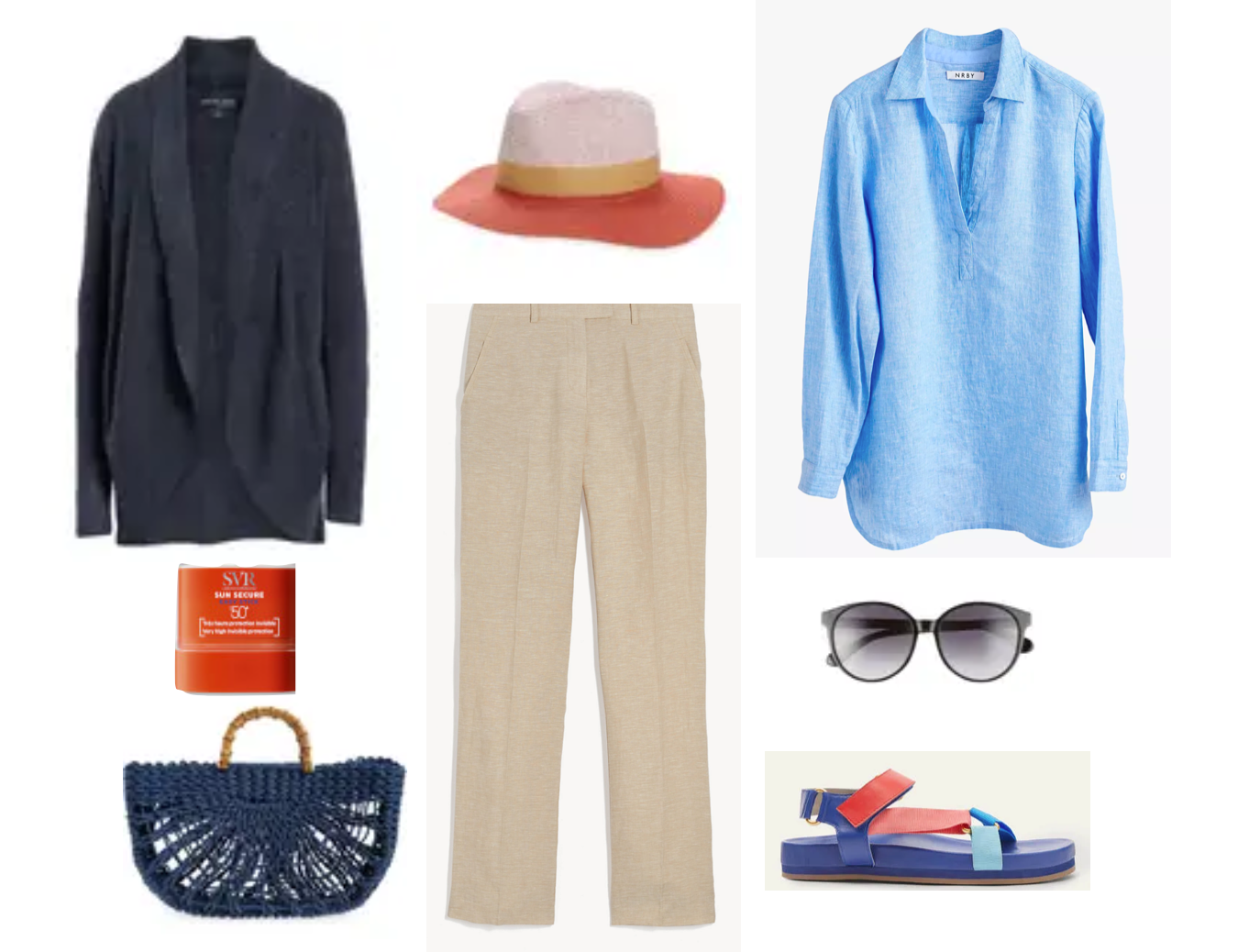 Blue linen top and beige linen trousers