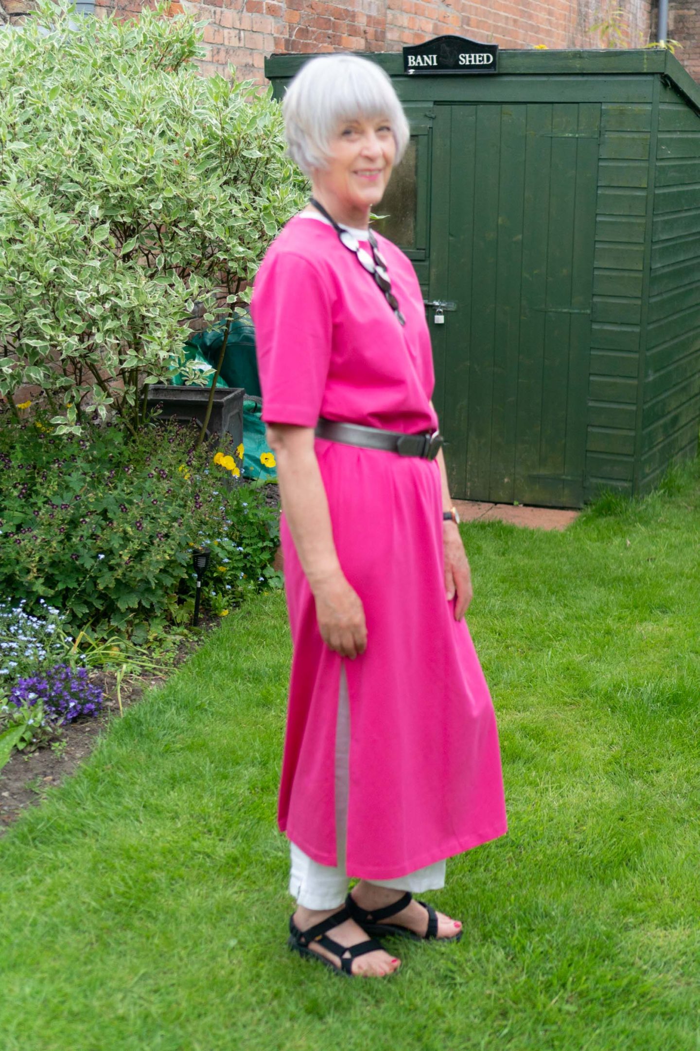 Cos pink maxi dress and white linen trousers