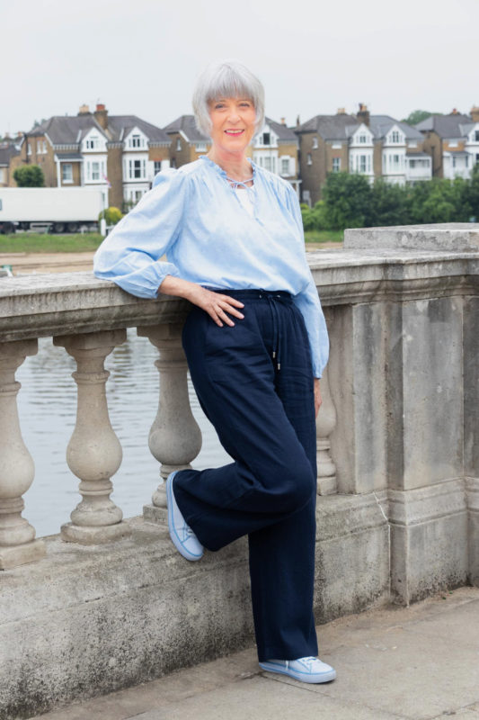 Blue blouse and navy trousers