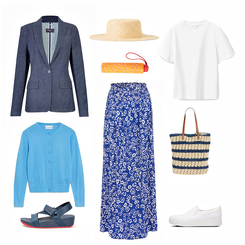 Maxi skirt, white tee and blazer