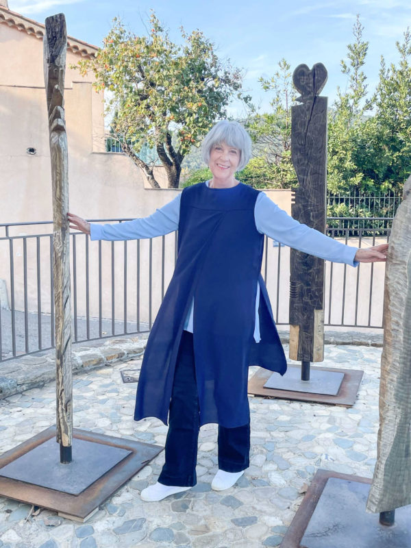 Navy tunic, blue top and wide leg trousers