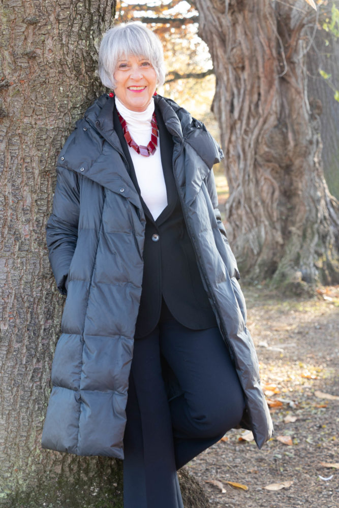 Black puffer jacket with trousers and jacket