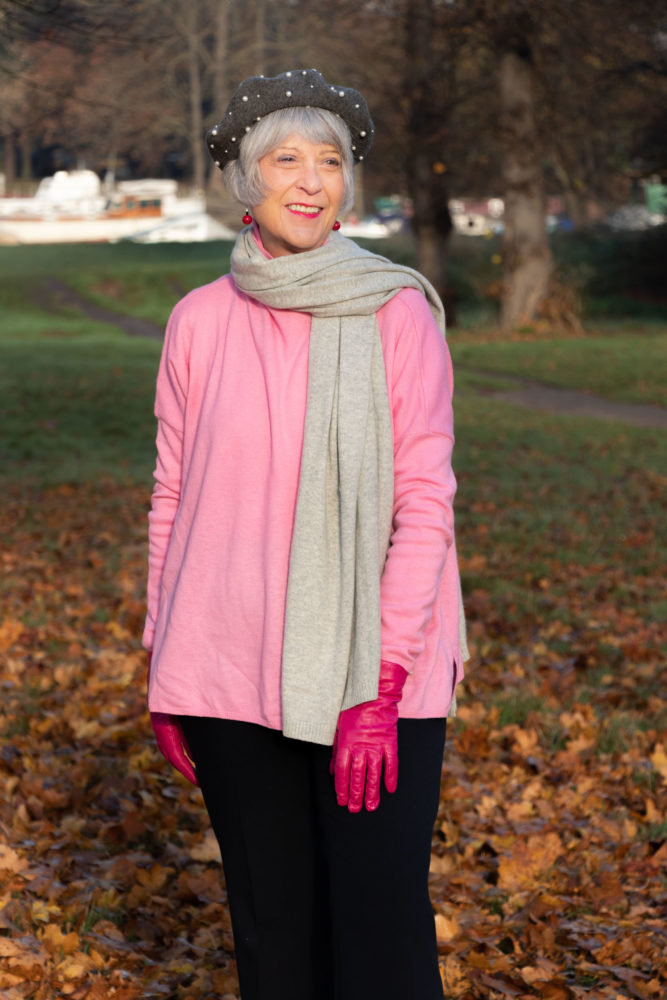 Pink sweater, grey scarf and beret