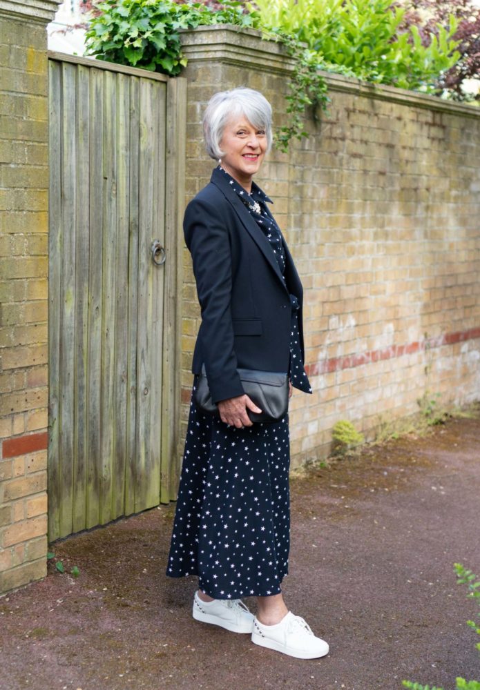 Navy star print maxi dress and classic navy jacket.