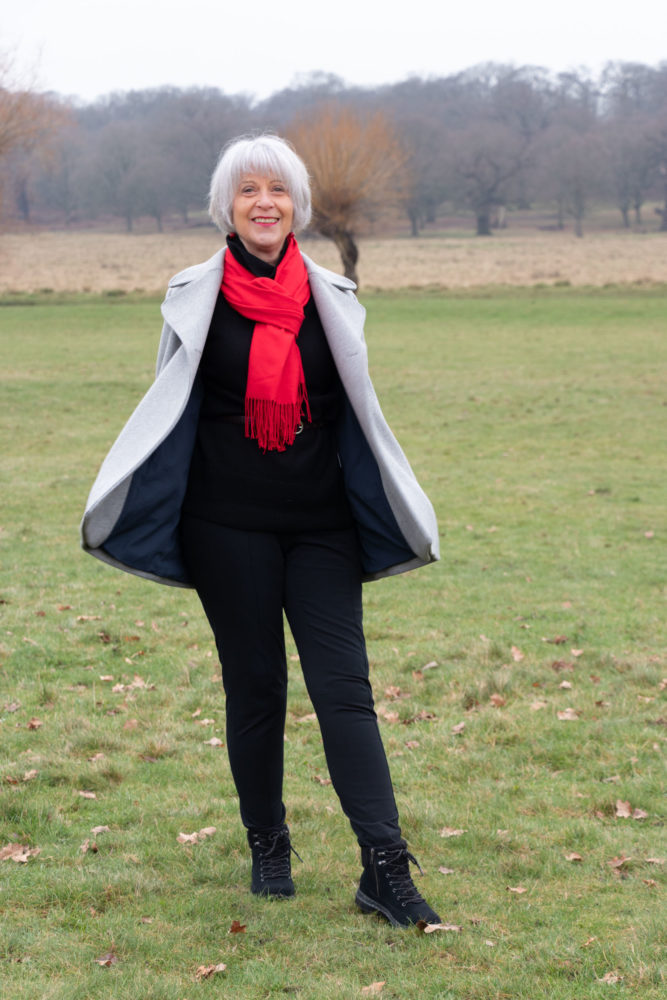 Grey pea coat and red cashmere scarf