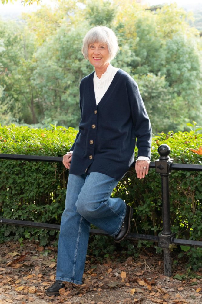 Navy cashmere cardigan and jeans