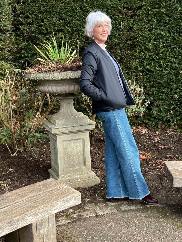 Wide leg jeans and jacket.