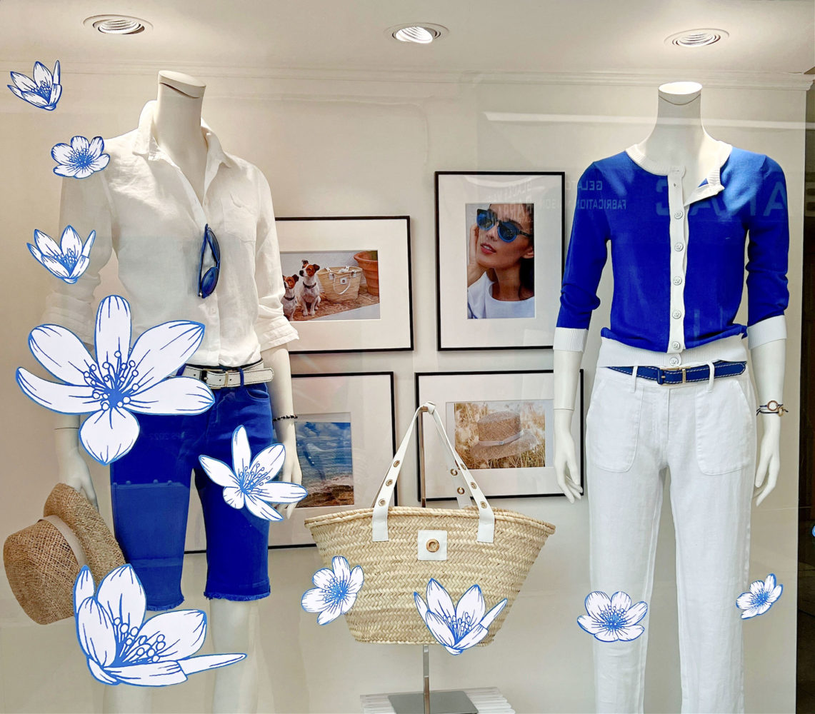 White and cobalt blue outfits in St.Tropez shop