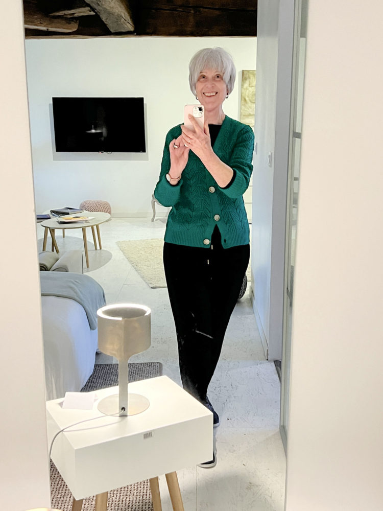 Green cardigan and black joggers