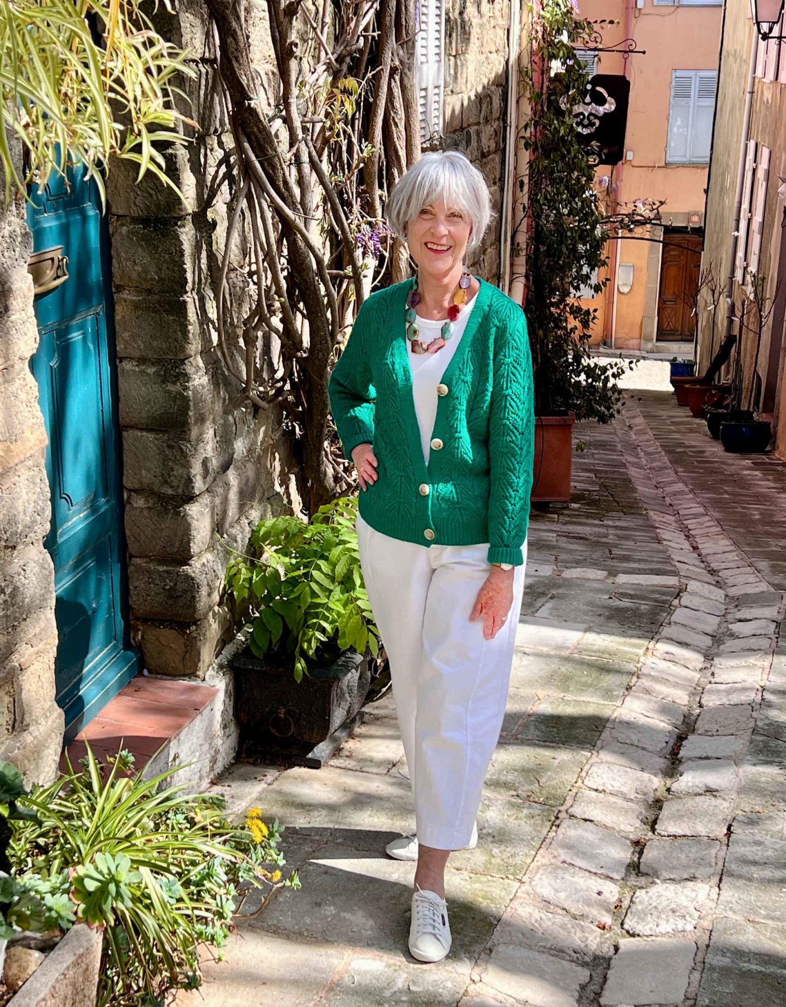 Add a cardigan for warmth and colour